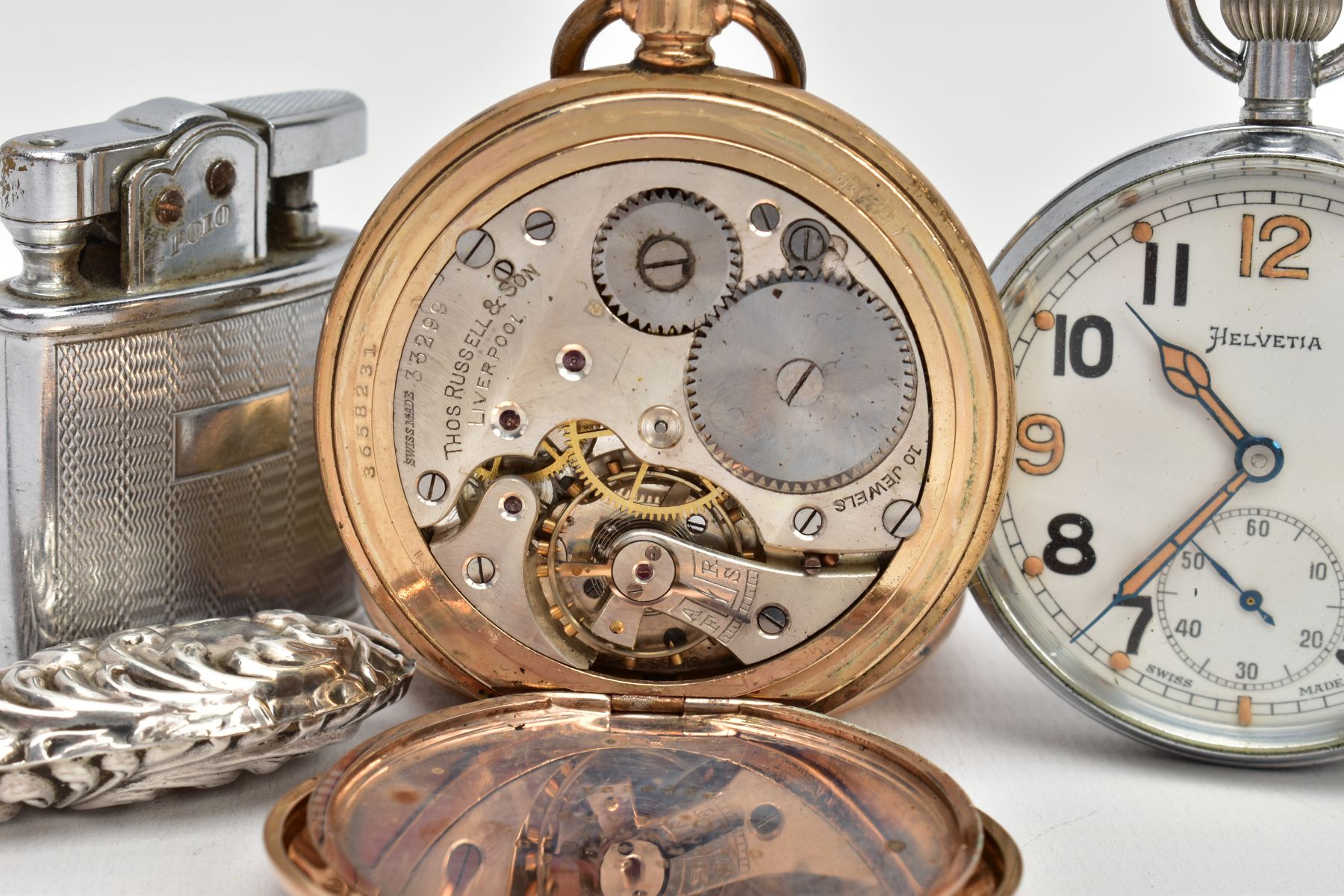 A GOLD-PLATED FULL HUNTER POCKET WATCH, A WHITE METAL OPEN FACE POCKET WATCH, LIGTHER AND A BUTTON - Image 5 of 5