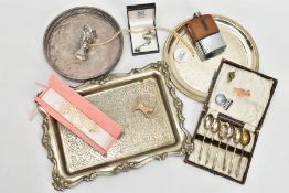 A BOX OF MISCELLANEOUS ITEMS, to include a white metal rectangular tray, a silver-plated circular