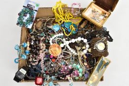 A BOX OF MOSTLY COSTUME JEWELLERY, to include beaded necklaces, bangles, earrings, bracelets,