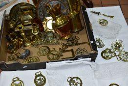 BRASSWARE a box of brassware including horse brasses, candlesticks, ewer, a lamp and plaques, the