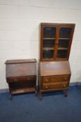 AN EARLY 20TH CENTURY OAK BUREAU BOOKCASE, the double glazed doors enclosing two adjustable shelves,