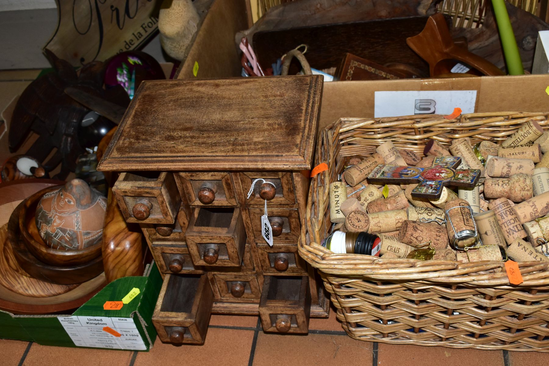 TWO BOXES, A WICKER BASKET AND LOOSE SUNDRY ITEMS/WOODEN ITEMS, ETC, to include a modern table top - Image 8 of 8