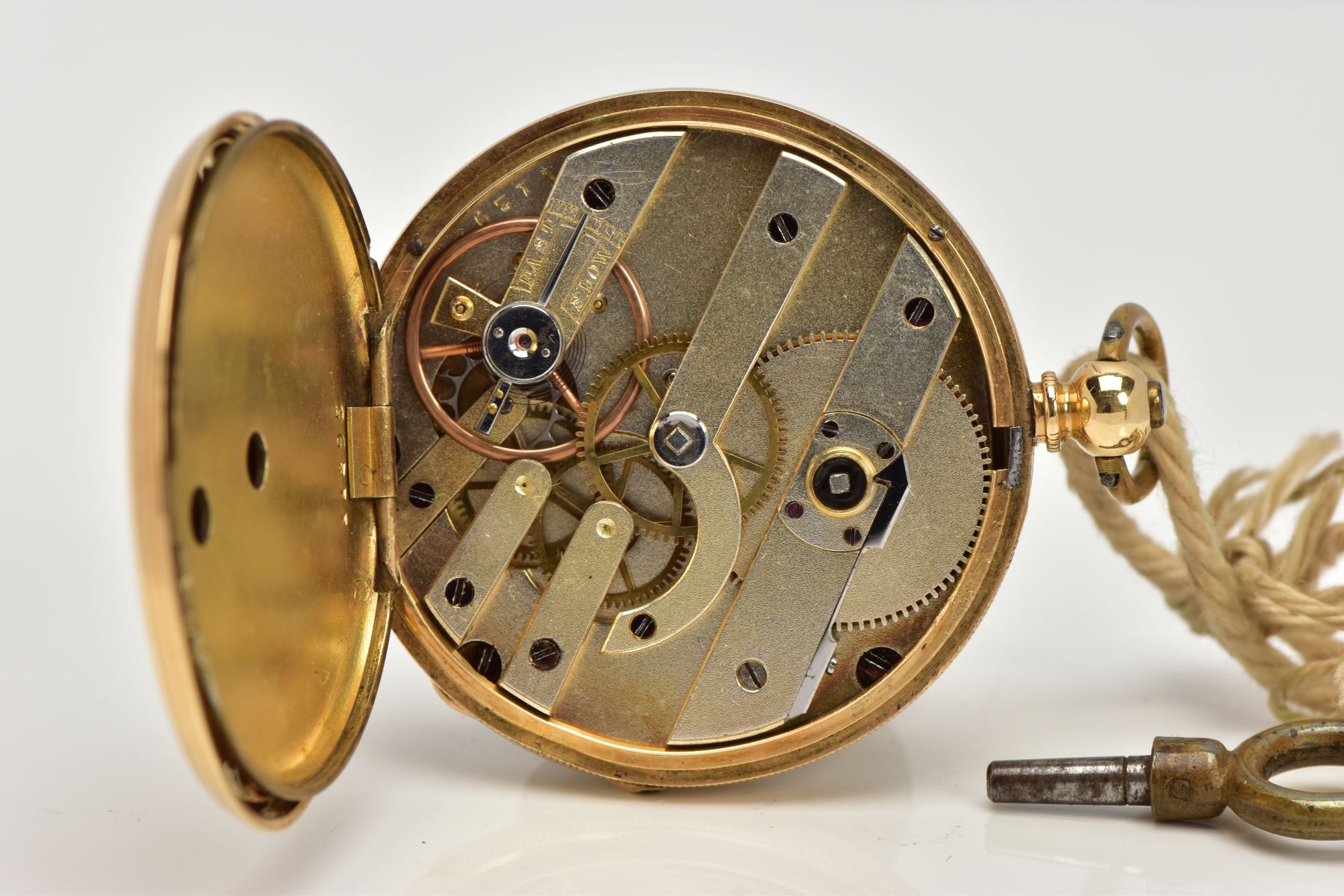 A YELLOW METAL OPEN FACE POCKET WATCH, round gold dial, with a floral engraved design, Roman - Image 5 of 5