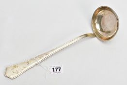 A CONTINENTAL SILVER LADLE, wavy rim to the top of the terminal, engraved initial ‘F’ to the