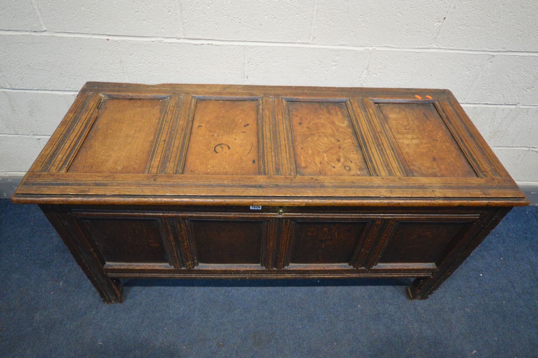 A GEORGIAN OAK PANELLED COFFER, width 141cm x depth 57cm x height 69cm (condition:- some ink stains) - Image 2 of 4