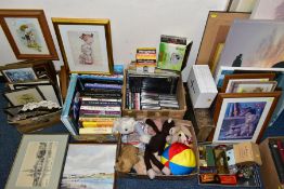 FIVE BOXES AND LOOSE PICTURES AND PRINTS, TOYS, BOOKS, RECORDS, ETC, including cookery books,