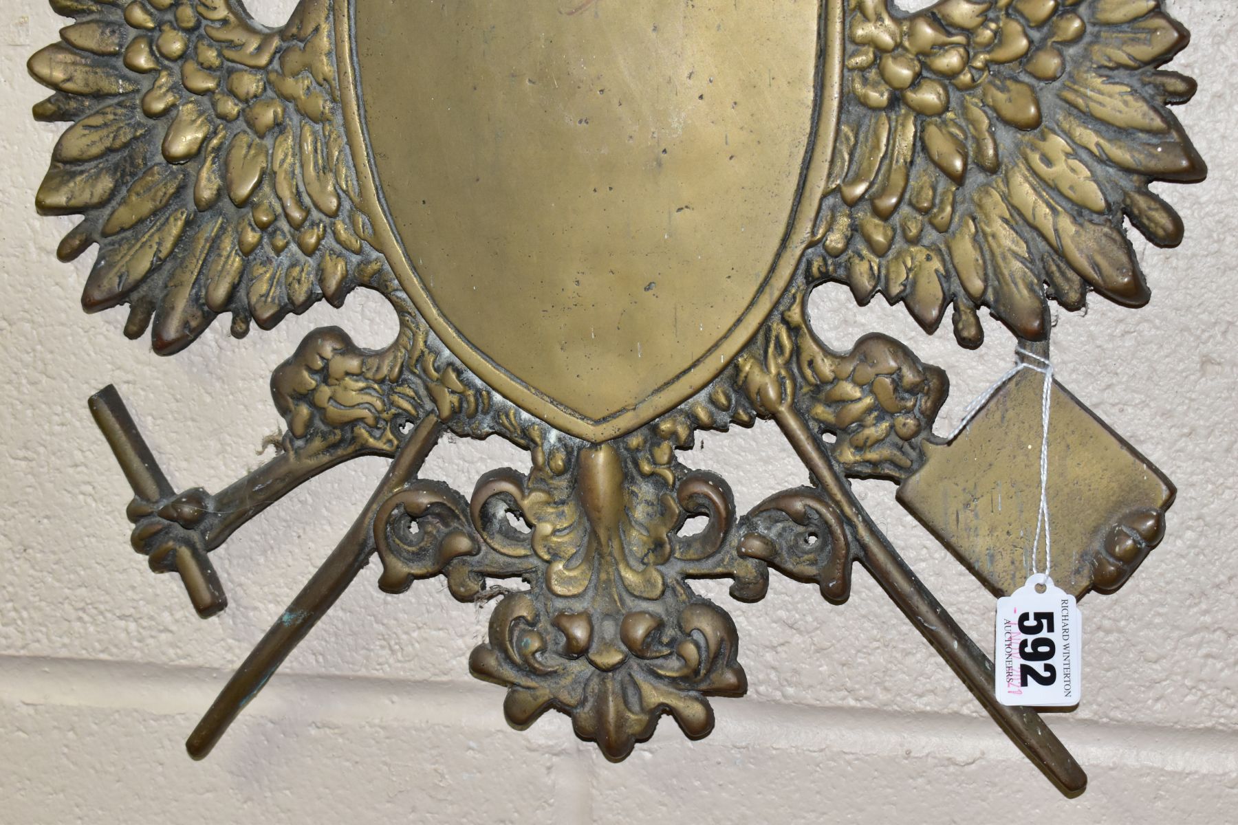 A BRASS DOUBLE HEADED EAGLE WALL PLAQUE, vacant armorial to the centre, approximate dimensions - Image 3 of 3