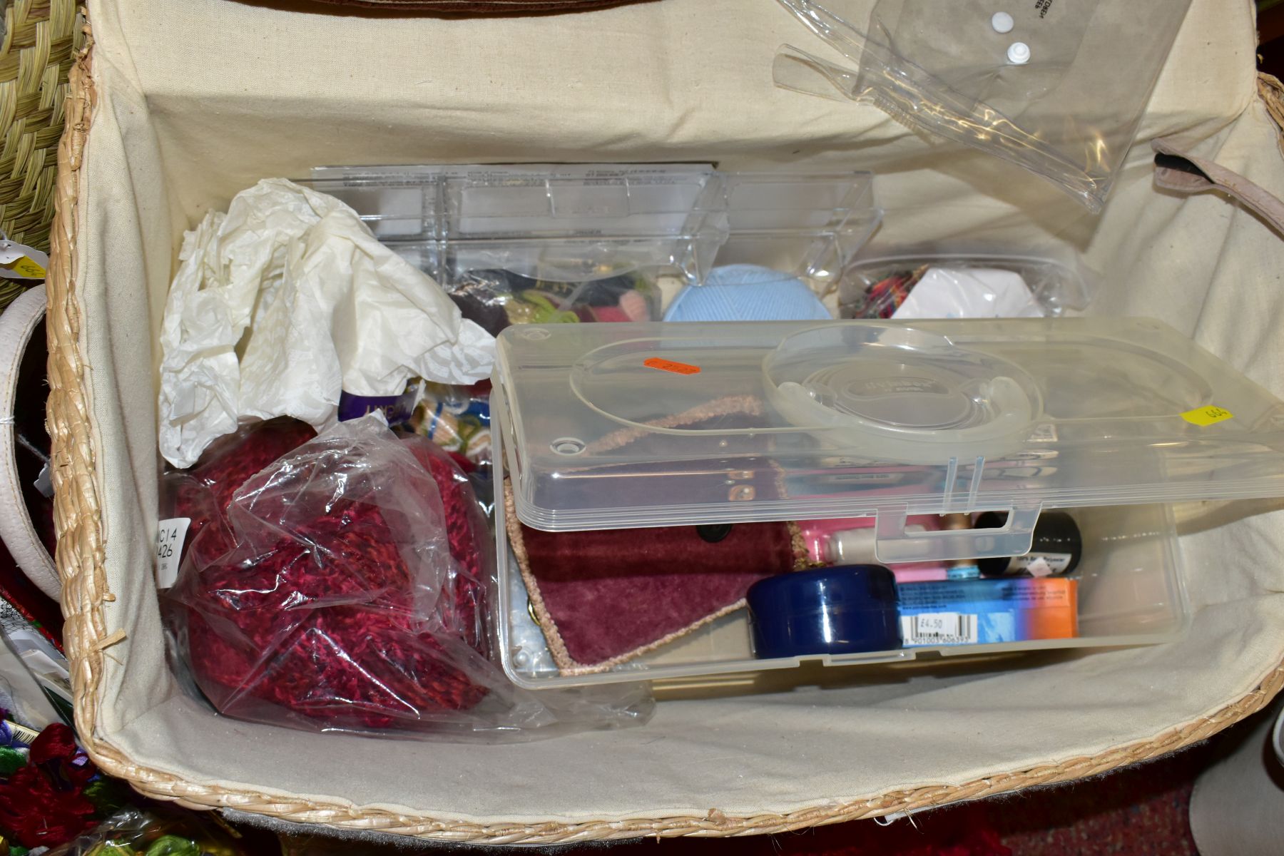 FOUR BOXES/BASKETS OF CRAFTING, NEEDLEWORK AND HABERDASHERY ITEMS, including Liberty patchwork - Image 3 of 11
