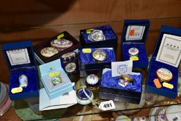 FOUR BOXED HALYCON DAYS ENAMEL BOXES, ANOTHER UNBOXED AND SEVEN OTHER PORCELAIN BOXES, etc, the