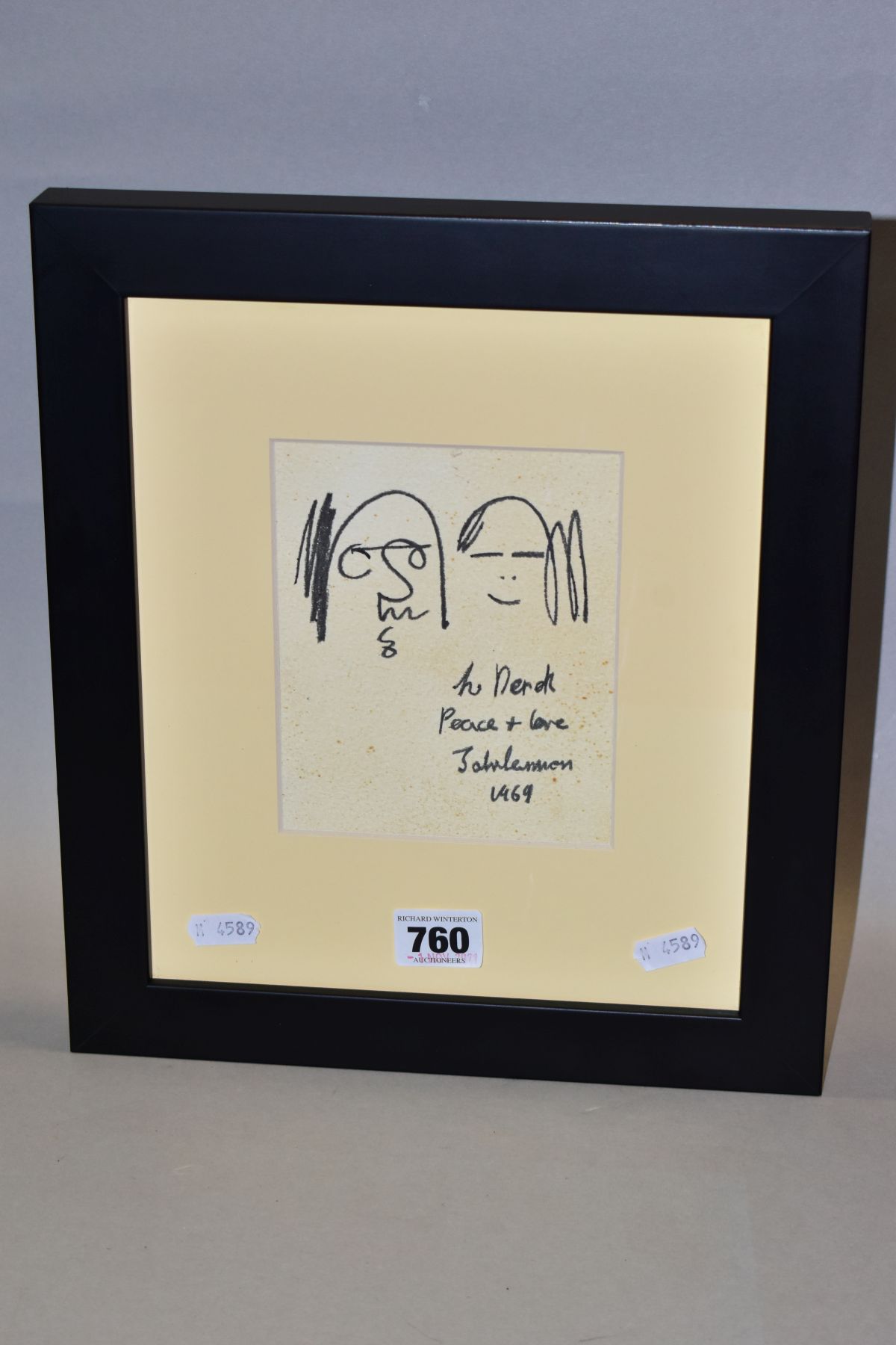 JOHN LENNON, a framed drawing attributed to John Lennon and signed 'To Derek Peace + Love John