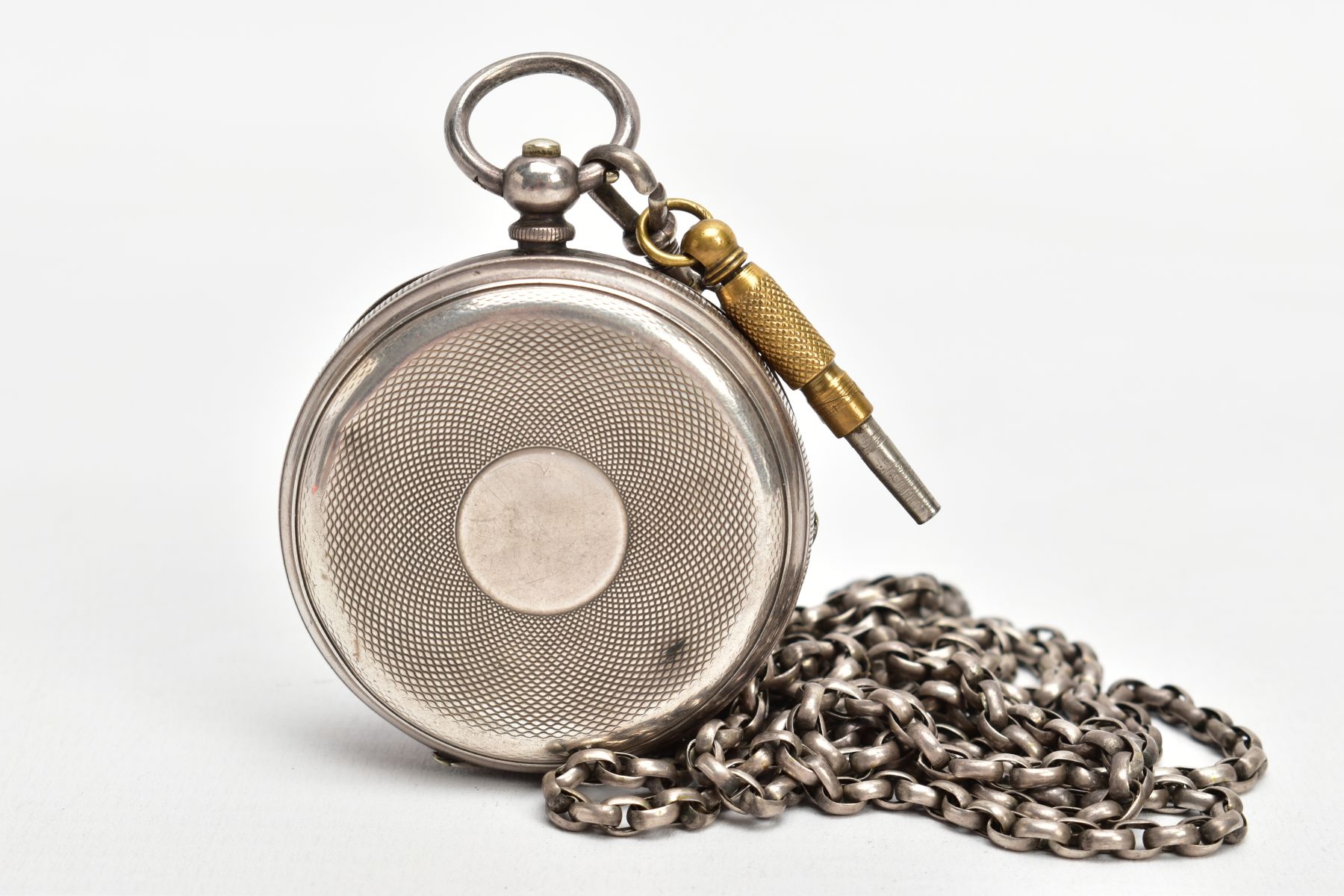 A WHITE METAL OPEN FACE POCKET WATCH WITH ALBERT CHAIN, the watch with a round white dial signed ' - Image 2 of 5