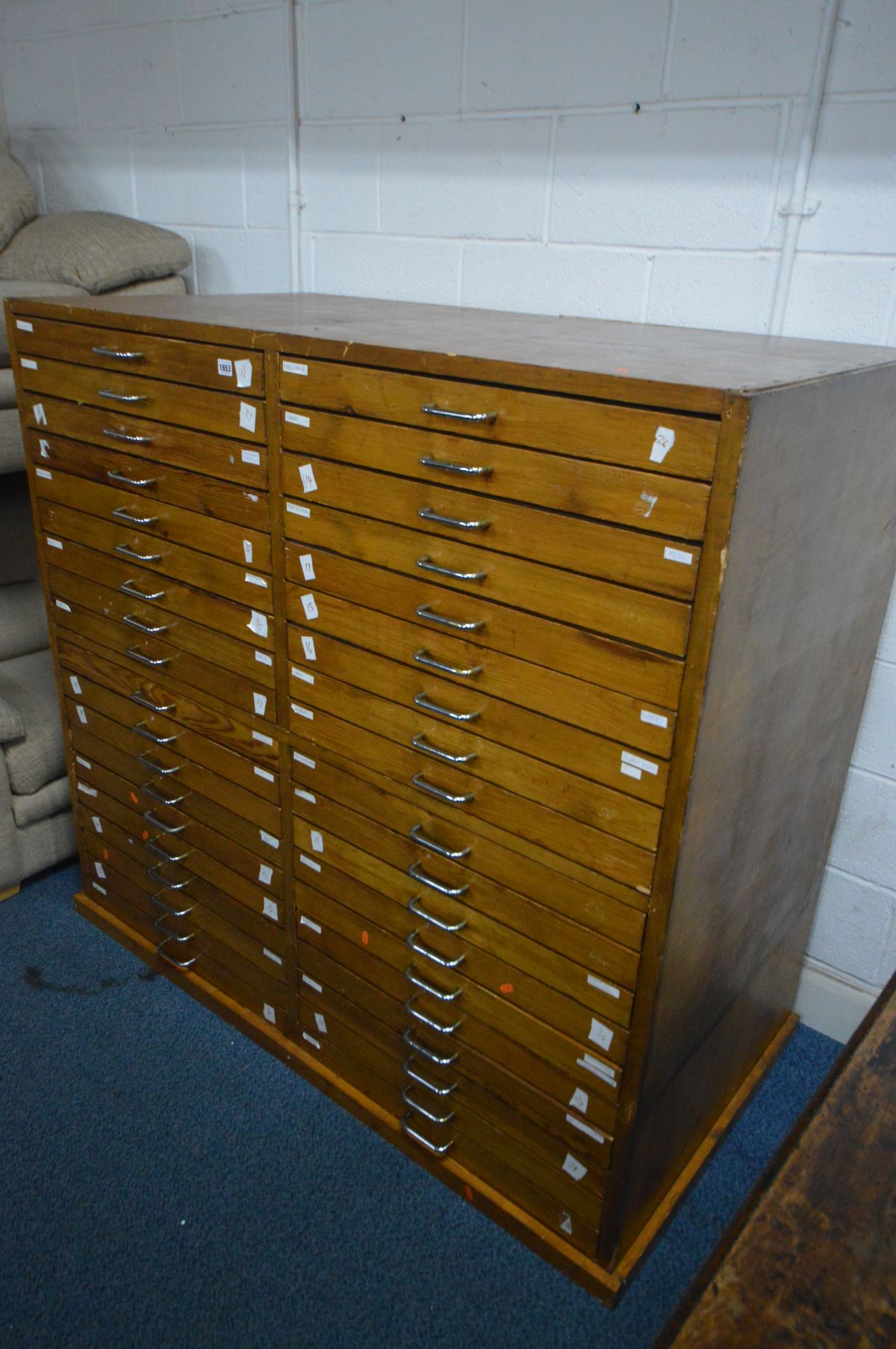 A THIRTY EIGHT DRAWER PLAN CHEST, pine drawers with chrome handles, width 145cm x depth 75cm x - Image 2 of 3