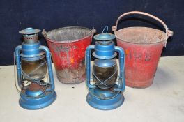 TWO VINTAGE BRITISH RAIL FIRE BUCKETS and a pair of Chalwyn Tempest Storm lamps