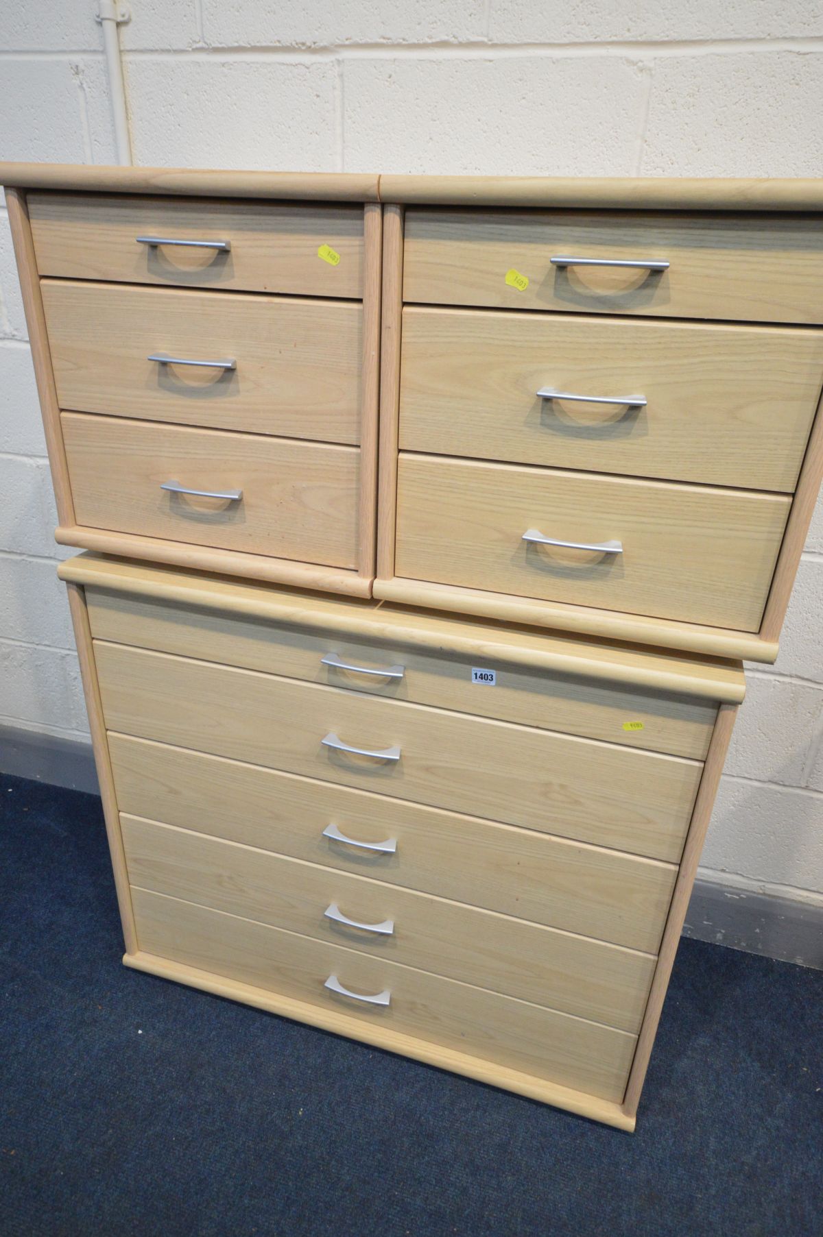 A LIGHT OAK EFFECT CHEST OF FIVE ASSORTED DRAWERS, width 94cm x depth 43cm x height 84cm, and two