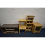 FIVE VARIOUS MODERN OCCASIONAL FURNITURE, to include a light oak effect single door cabinet, tall