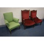 A PAIR OF EDWARDIAN MAHOGANY PARLOUR CHAIRS, one with open armrests, together with an early 20th