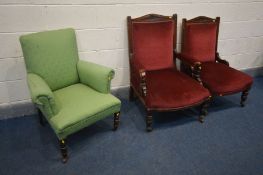 A PAIR OF EDWARDIAN MAHOGANY PARLOUR CHAIRS, one with open armrests, together with an early 20th