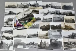 A QUANTITY OF ASSORTED MAINLY BLACK AND WHITE POSTCARD SIZE PHOTOGRAPHS OF BRITISH STEAM