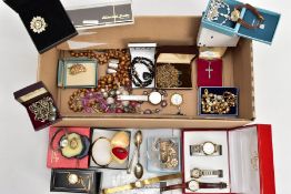 A BOX OF SILVER TEASPOONS AND COSTUME JEWELLERY, to include six silver teaspoons, full silver