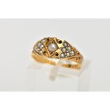 A MID VICTORIAN, 18CT GOLD SPLIT PEARL RING, the centre set with a single split pearl, scroll detail