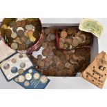A BOX AND TIN OF WORLD COINAGE, to include a small amount of coins containing silver