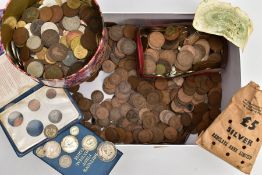 A BOX AND TIN OF WORLD COINAGE, to include a small amount of coins containing silver