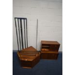 AN AVALON 1960'S TEAK MODULAR CORNER SHELVING SYSTEM, comprising three metal uprights, corner