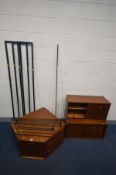 AN AVALON 1960'S TEAK MODULAR CORNER SHELVING SYSTEM, comprising three metal uprights, corner