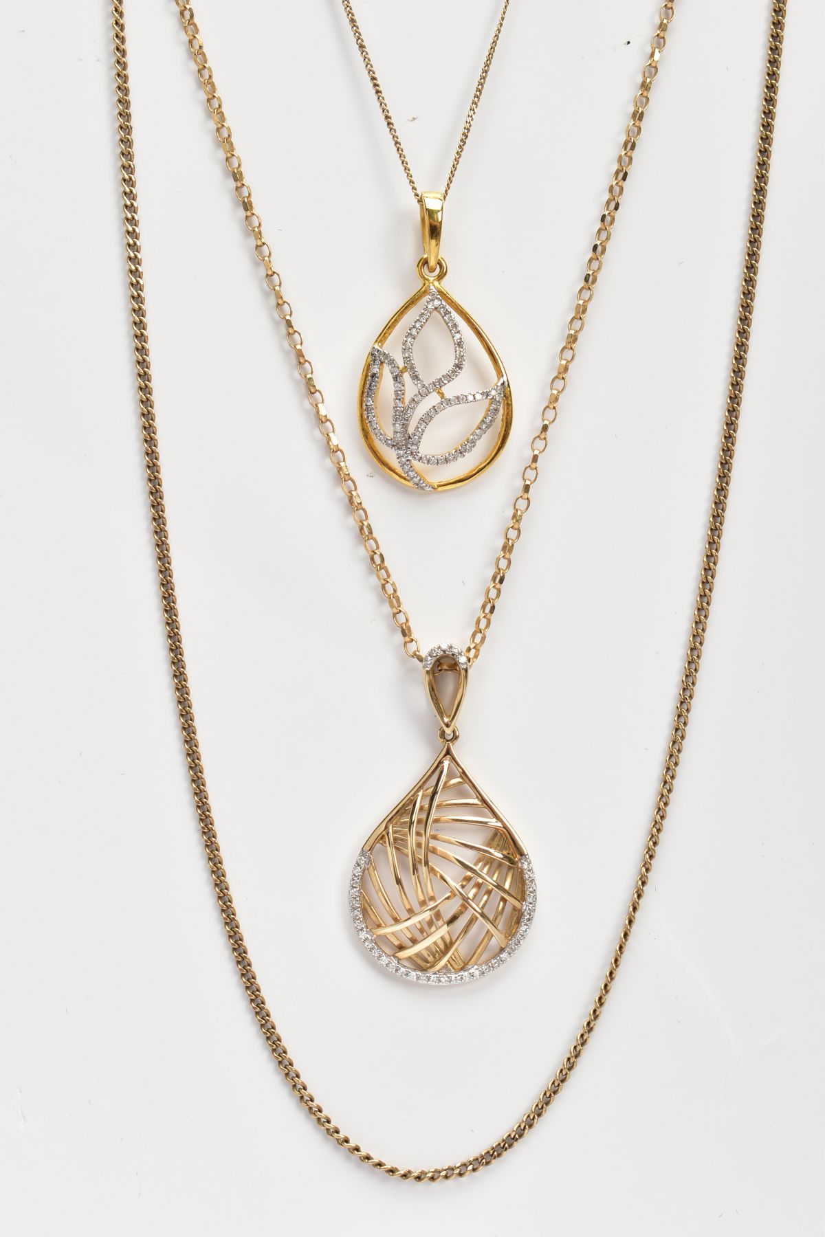 TWO 9CT GOLD DIAMOND PENDANT NECKLACES AND A YELLOW METAL CHAIN, the first pendant of an openwork - Image 2 of 3