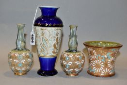 FOUR PIECES OF ROYAL DOULTON STONEWARE, comprising a pair of bottle shaped vases, height 12cm, a