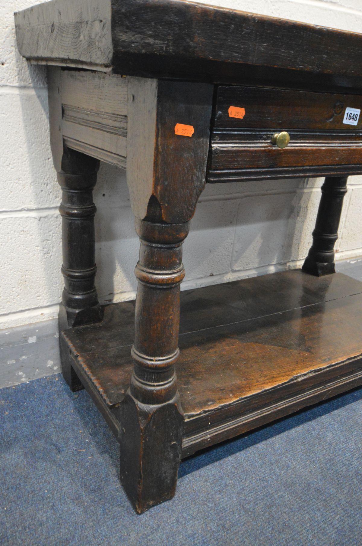 A GEORGE I WELSH OAK SIDE TABLE, the later plank top above a long single drawer with a brass - Image 4 of 8