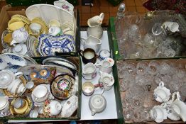 FOUR BOXES AND LOOSE CERAMICS AND GLASSWARES, to include cut glasses and decanters (flutes, wines