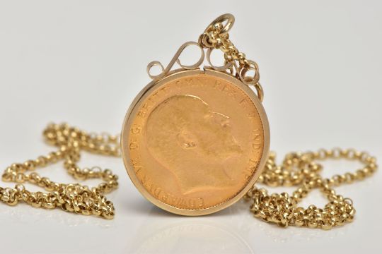 A SOVEREIGN PENDANT AND CHAIN, the 1906 Edward VII sovereign within a 9ct scrolling mount - Image 2 of 2