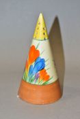 A CLARICE CLIFF CROCUS PATTERN CONICAL SUGAR SIFTER, printed marks, height 14cm (Condition