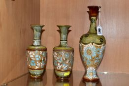 A PAIR OF ROYAL DOULTON SLATERS PATENT VASES AND ANOTHER SIMILAR, all three of baluster form with