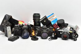 A TRAY CONTAINING VARIOUS FILM SLR CAMERAS including Pentax ME Super, fitted with a SMC 50mm f1.7