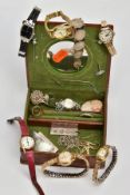 A SMALL LEATHER JEWELLERY CASE, TOGETHER WITH VARIOUS JEWELLERY ITEMS, to include a mid 20th century