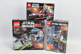 THREE BOXED LEGO STAR WARS SETS, V-Wing Fighter 6205, TIE Interceptor 6206 and TIE Fighter 7263,