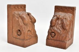 A PAIR OF ROBERT' MOUSEMAN' THOMPSON OAK TRIPLE MOUSE BOOKENDS, each end carved with three mice