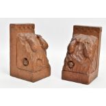 A PAIR OF ROBERT' MOUSEMAN' THOMPSON OAK TRIPLE MOUSE BOOKENDS, each end carved with three mice