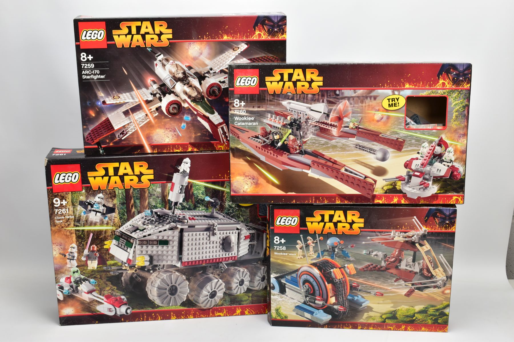 FOUR BOXED LEGO STAR WARS SETS, 7258 WOOKIE ATTACK, 7259 ARC-170 STAR FIGHTER, 7260 WOOKIE CATAMARAN