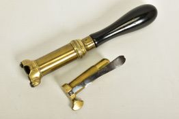 AN ANTIQUE 12 BORE PIN-FIRE RECAPPING TOOL, together with a related pin-fire reloading tool both