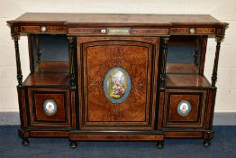 A VICTORIAN BREAKFRONT AMBOYNA AND EBONY CROSSBANDED CREDENZA, box strung and ormolu banded, with