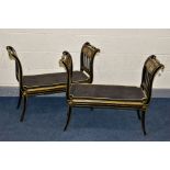 A PAIR OF REGENCY EBONISED, RED LINED AND GILT WINDOW SEATS, the outward scrolled ends with carved