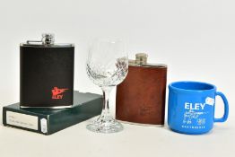 TWO ELEY STAINLESS STEEL LEATHER BOUND HIP FLASKS, one of which is still boxed, a cut glass wine