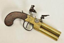 A FINTLOCK OVER AND UNDER TAP ACTION FLINTLOCK PISTOL, fitted with 3'' brass barrels bearing