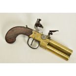 A FINTLOCK OVER AND UNDER TAP ACTION FLINTLOCK PISTOL, fitted with 3'' brass barrels bearing