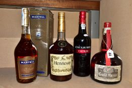 ALCOHOL, four bottles comprising, one 1L bottle of Grand Marnier Pure Liqvor (old bottling) fill