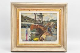KEN HOWARD R.A (BRITISH 1932), 'Newlyn' a fishing trawler berthed in a harbour, signed bottom right,