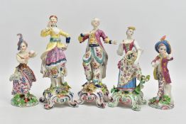 FIVE MID TO LATE 18TH CENTURY ENGLISH PORCELAIN FIGURES, possibly Bow, comprising a near pair of a